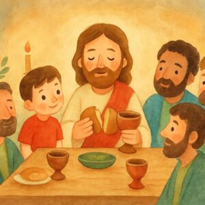 Jesus partilha o pão e o vinho com os discípulos.